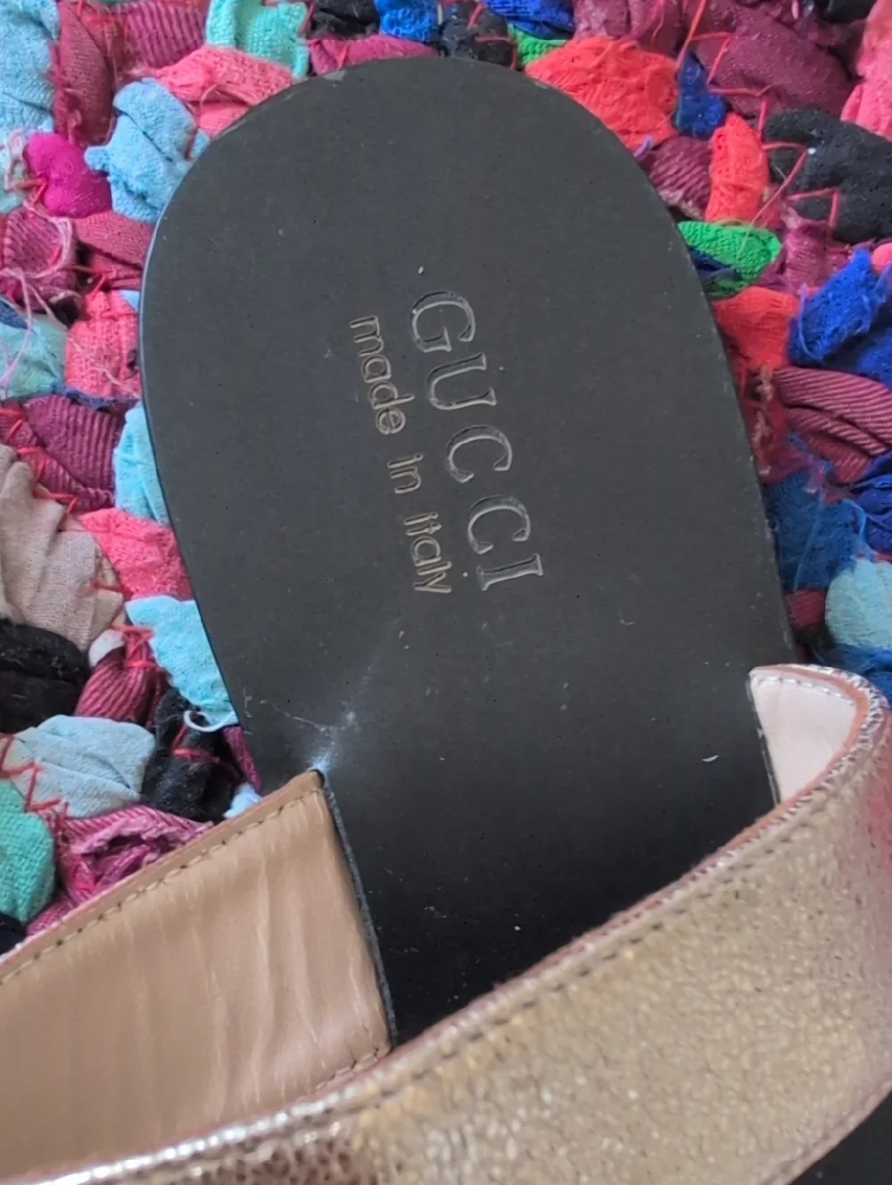 Gucci Metallic Gold Thong Sandals with Black Footbed and Blue Accents